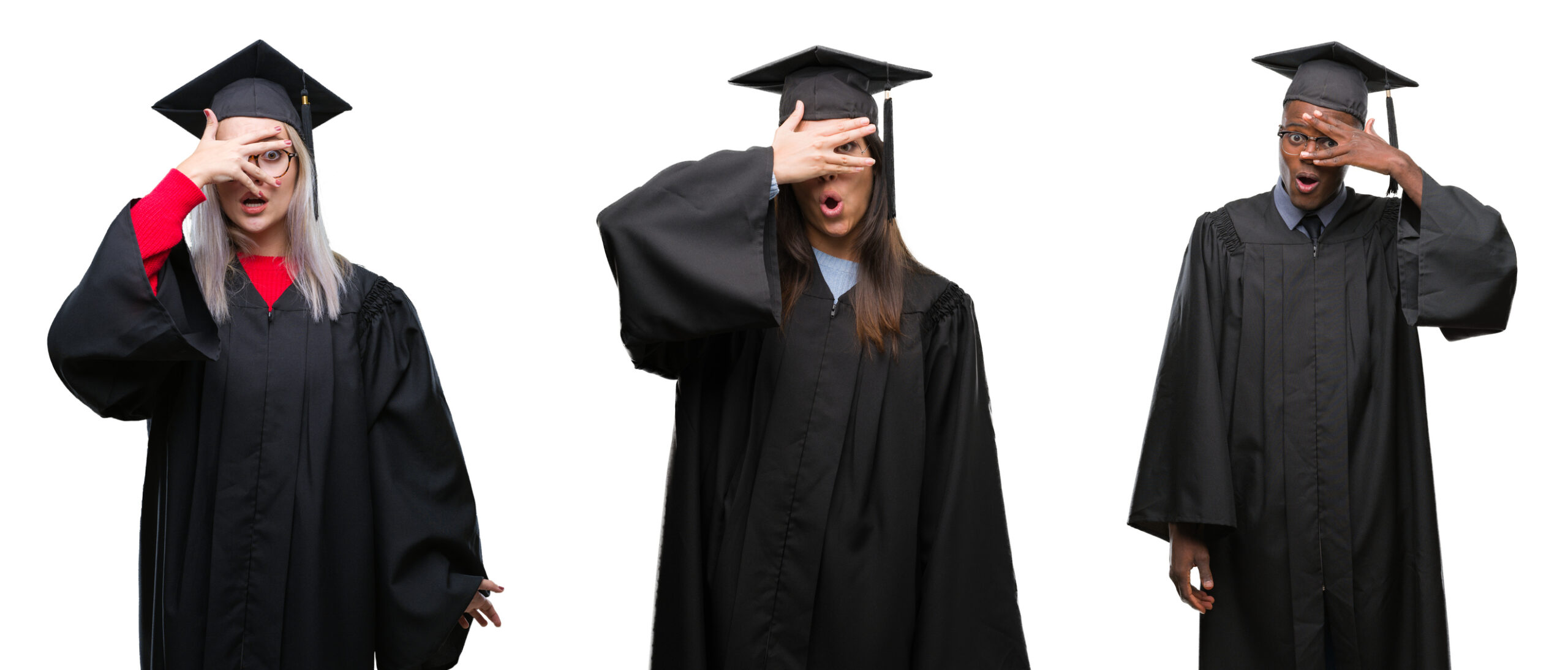 Collage of group of young student people wearing university graduated uniform over isolated background peeking in shock covering face and eyes with hand, looking through fingers with embarrassed expression. Student loan debt.