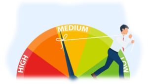 Illustrated Risk meter showing high to low the risk pointing in the medium and a man in a suit pulling the meter point towards low risk.