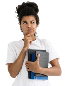 Thoughtful african american student with minded, unsure face stand against white copy space background, hold book, exercise copybook with homework, look aside