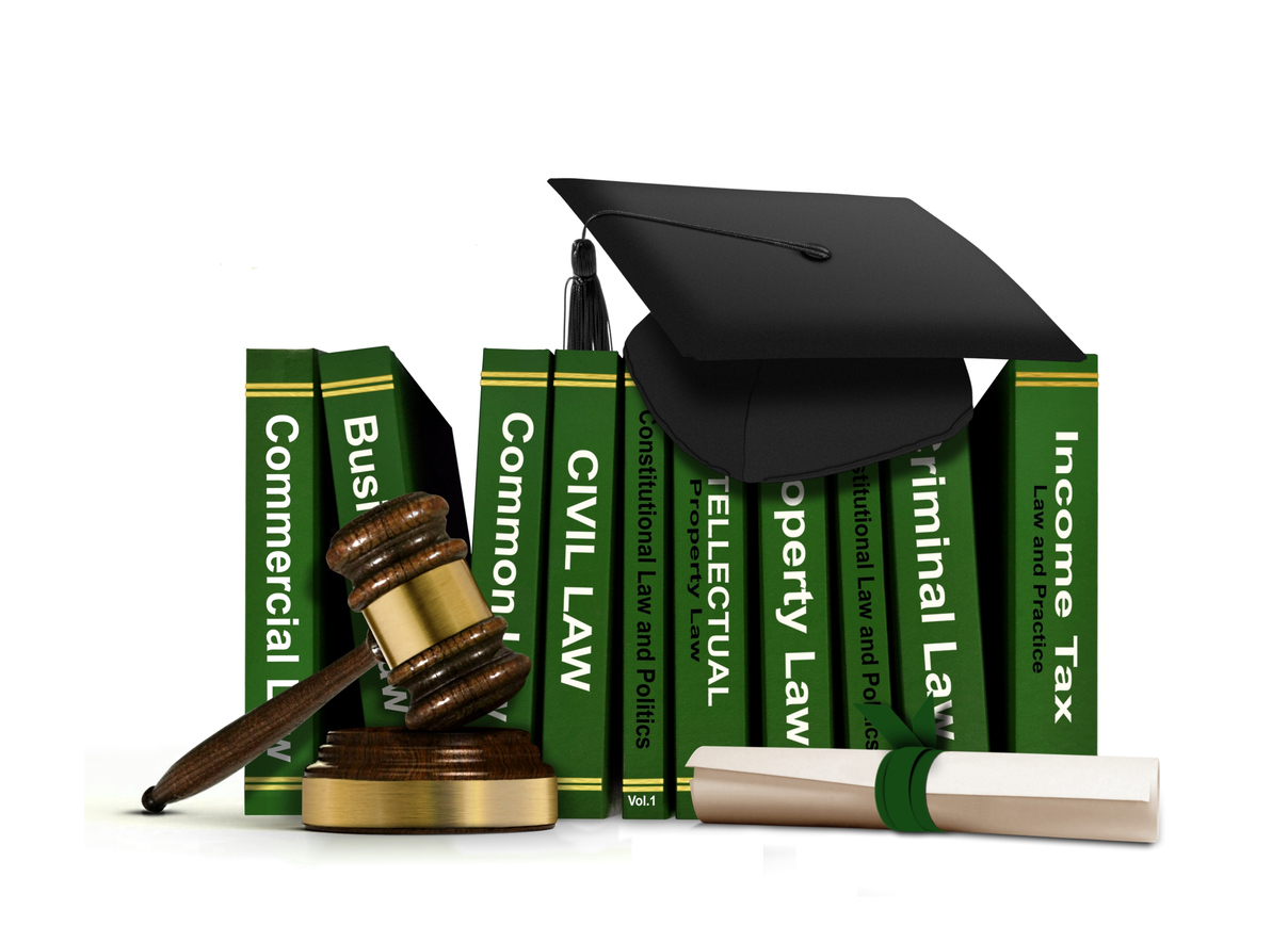 Geen Civil and criminal law books in a line with a graduation cap hanging off and gavel and diploma laying in front of the books