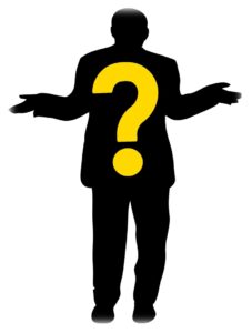 Black filled outline of a man in a suit with a large yellow question mark on the front of him on a white background