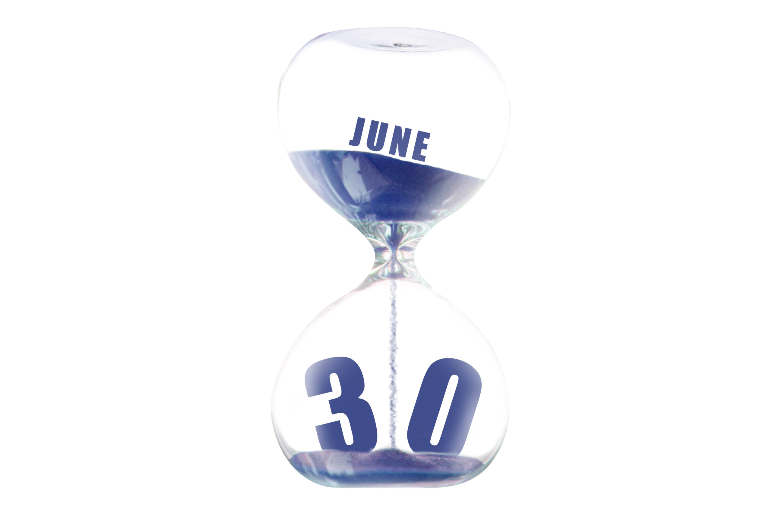 june 30th. Day 30 of month, Hour glass and calendar concept. Sand glass on white background with calendar month and date.