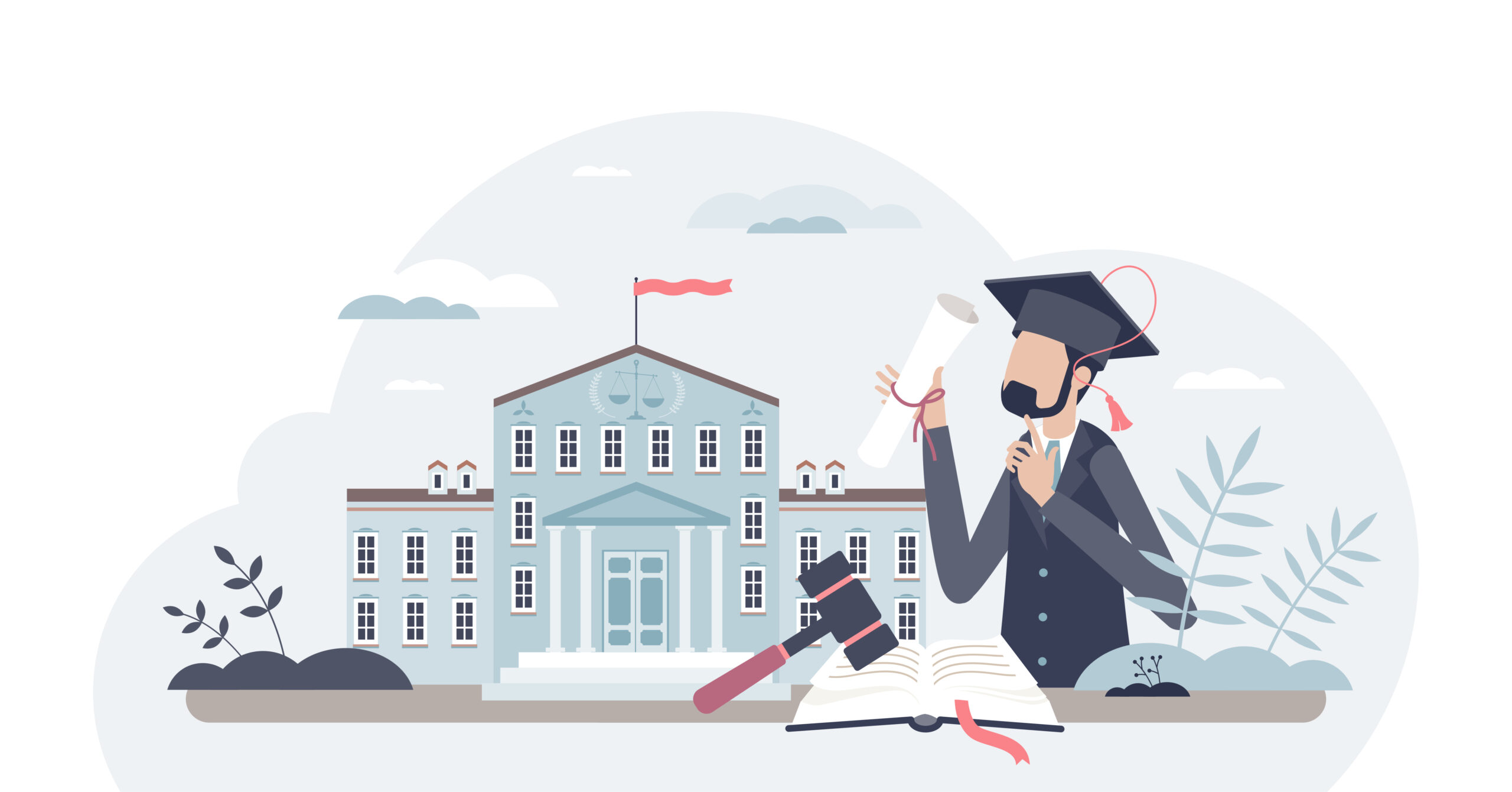 Law school graduation after lawyer education learning tiny person concept, transparent background.Book study in university for justice knowledge degree illustration.