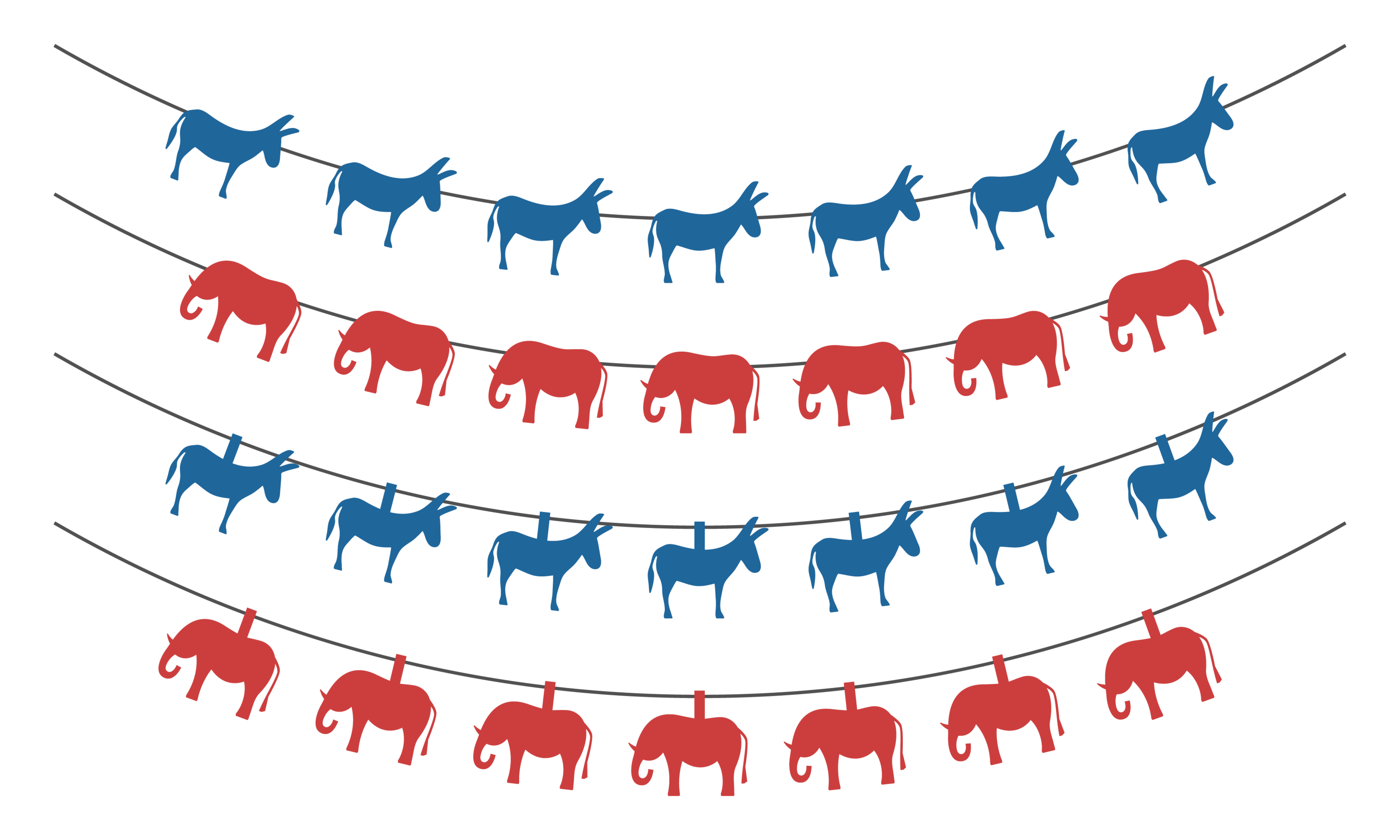 Four strings of blue donkeys and red elephants.