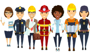 A group of workers. Professionals in their field, lined up against a transparent background. Ethnically different. In flat style.