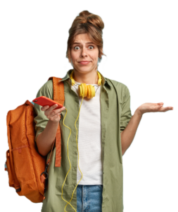 young pretty college student with orange backpack and headphones around neck, shrugging her shoulders