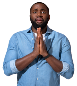 a darker skinned male wearing a blue button down shirt with hands pressed together