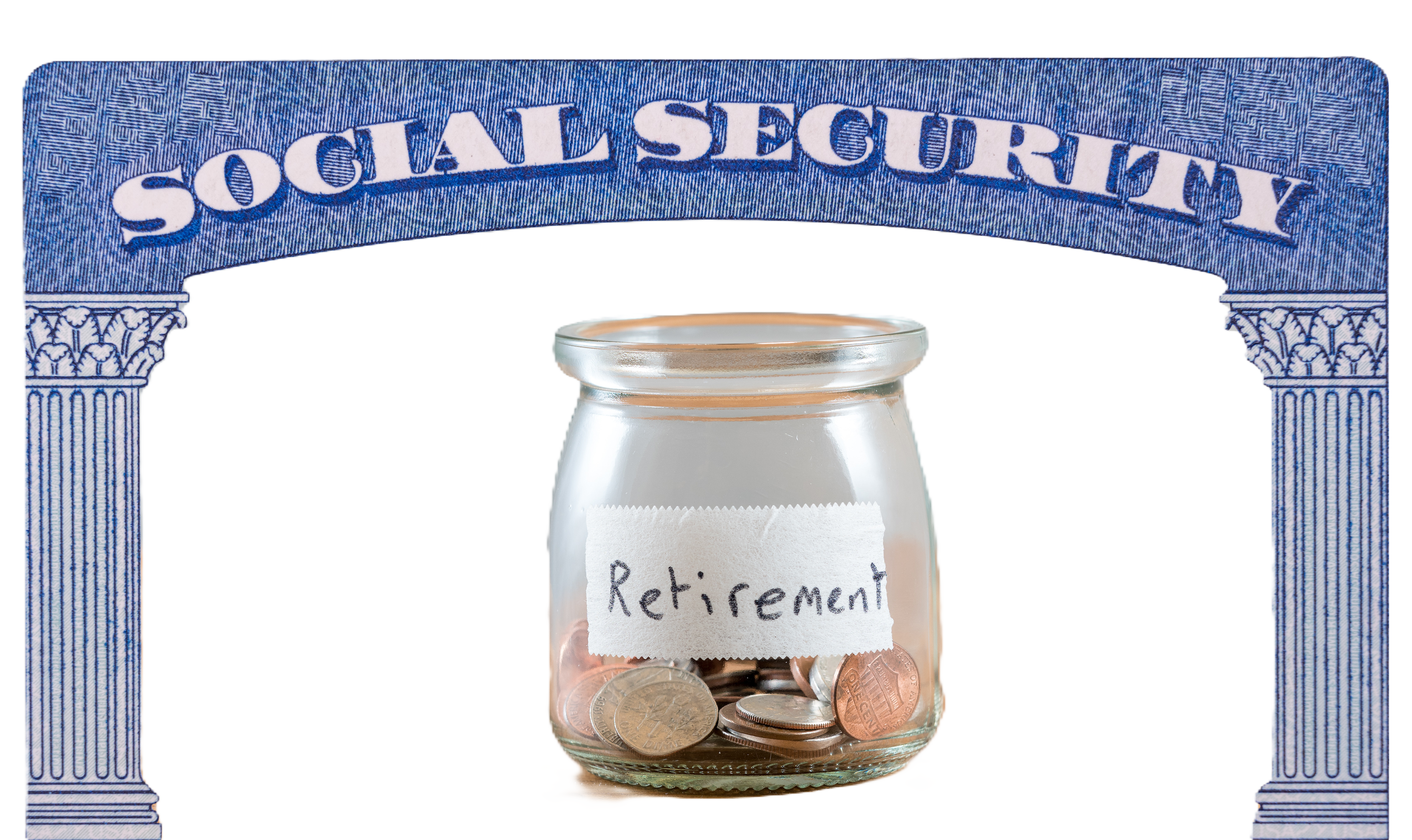 Loose change and coins inside a glass jar to represent lack of retirement savings in Social Security Trust fund