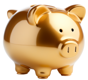 Gold piggy bank isolated on transparent background