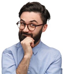 Handsome man with beard on transparent background with a thinking expression with a smirk. Student loan forgiveness considerations and legal issues