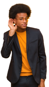 Young african american man over a transparent background with hand over ear listening to key points for student loan forgiveness